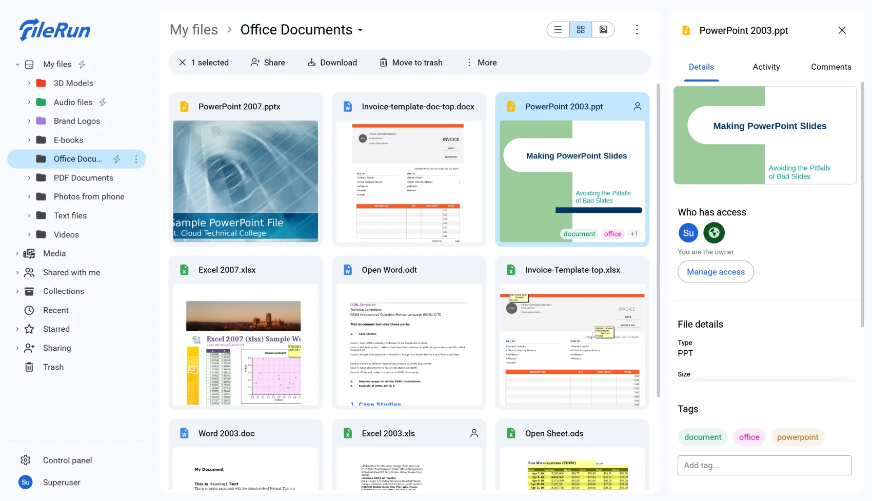 The FileRun web interface showing a folder of office documents with the details panel open